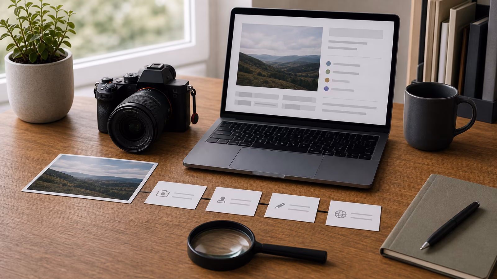 A camera, image card, signed abstract metadata card, laptop, and provenance chain cards on a bright verification desk.