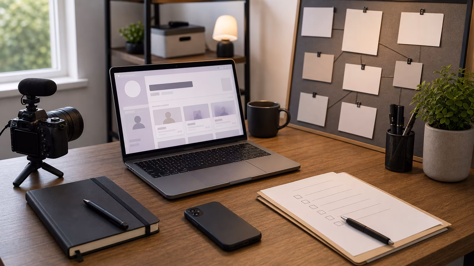 A camera, channel planning board, abstract profile cards, and takedown checklist arranged on a creator desk.