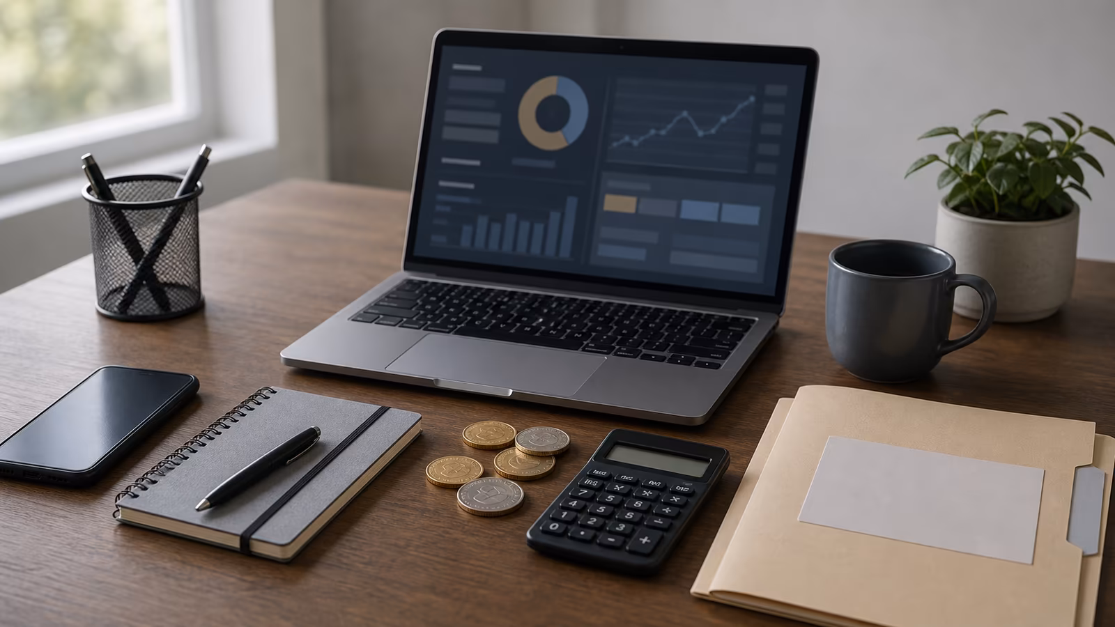 A laptop with abstract dashboard shapes, generic coin circles, phone, and investment verification checklist on a desk.