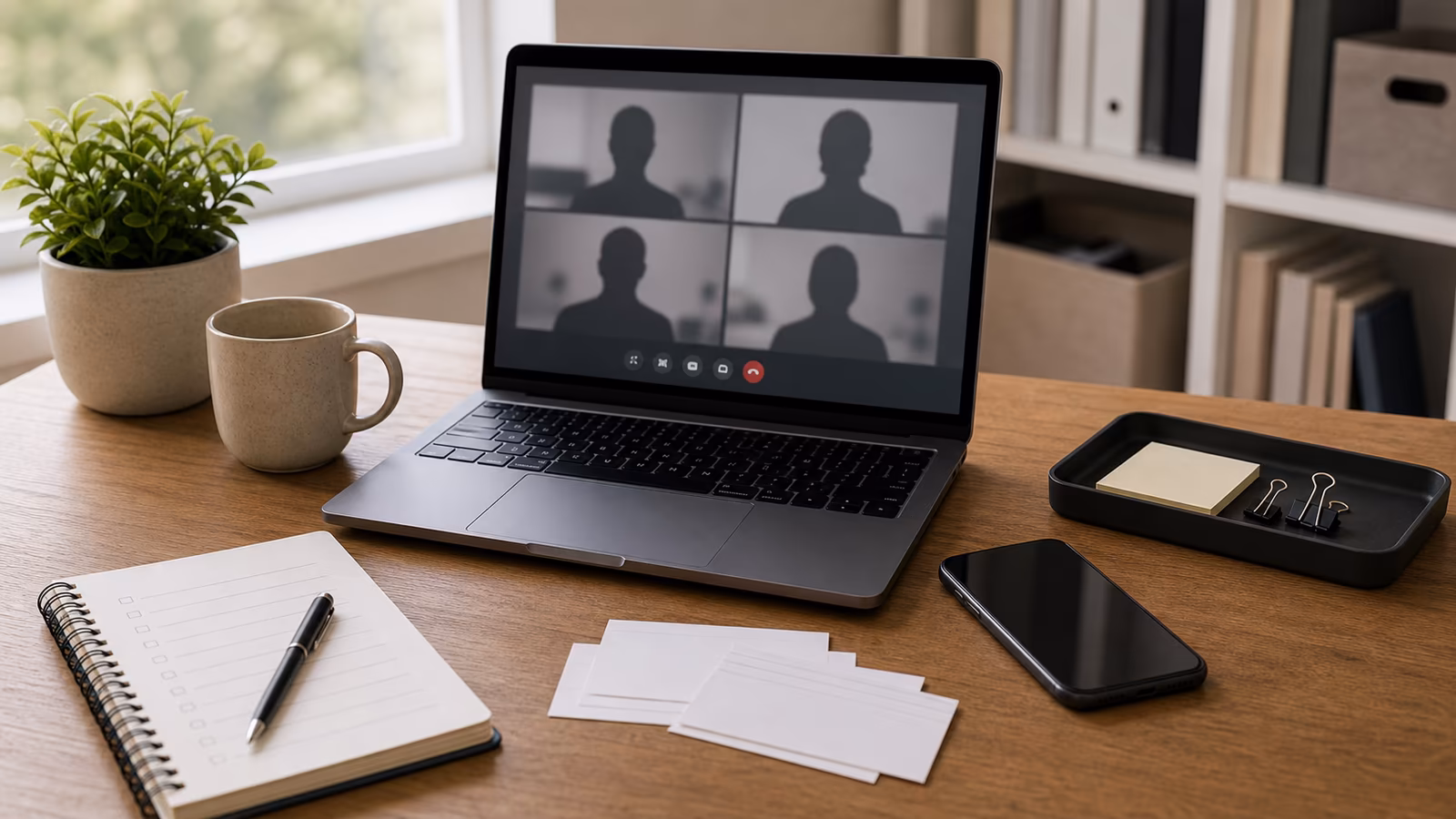 A laptop with abstract video-call silhouette panels, note cards, a callback phone, and a calm office verification setup.