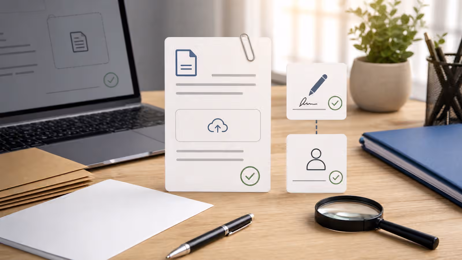 A calm desk with blank document cards, an e-signature symbol, a laptop, envelopes, and a magnifying glass for checking an attachment.