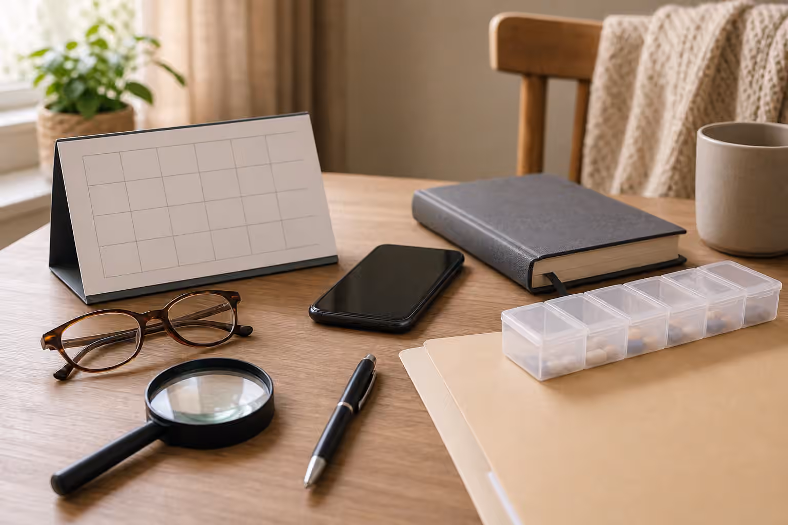 An elder-care verification table with a schedule card, phone, address book, folder, medication organizer, glasses, pen, and magnifying glass.