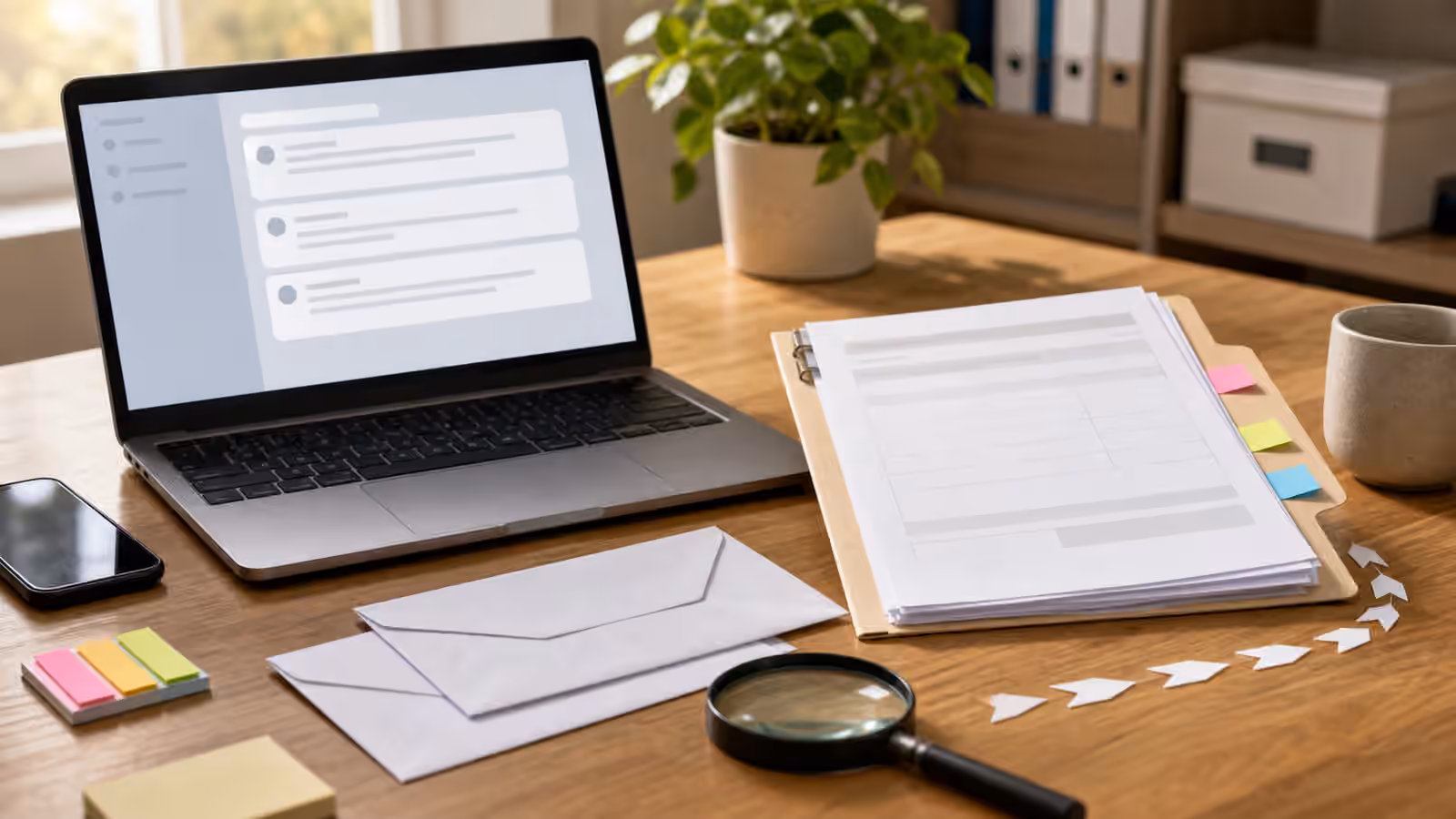A desk with a laptop showing abstract email conversation cards, blank invoice papers, envelopes, sticky tabs, phone, and magnifying glass.