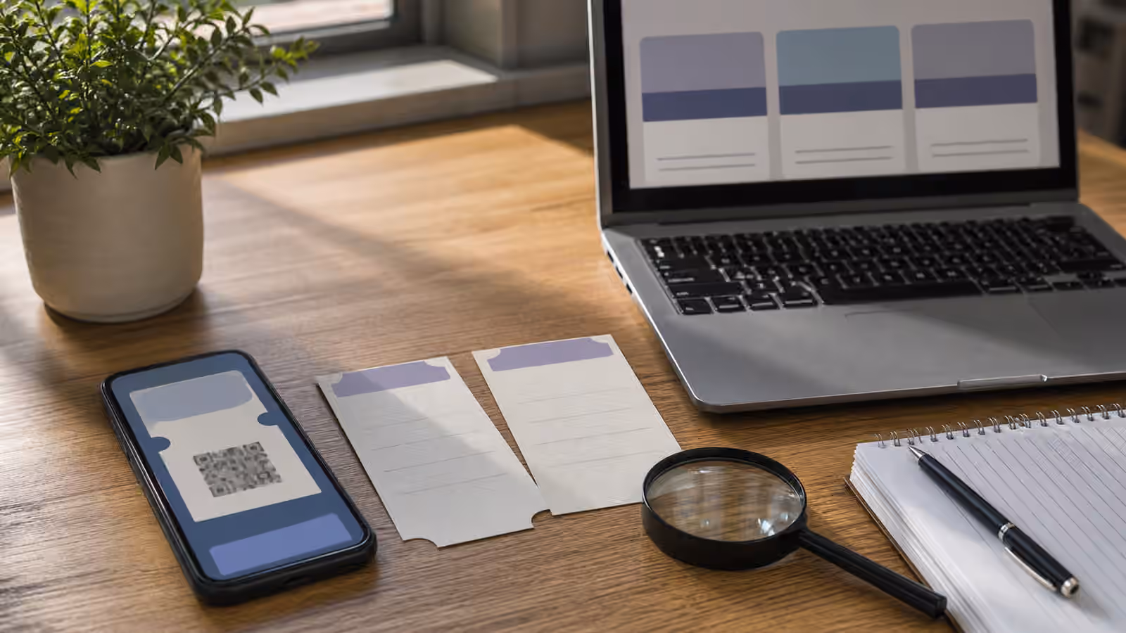 A calm desk with a phone showing abstract ticket cards, blank passes, laptop, notebook, and magnifying glass.
