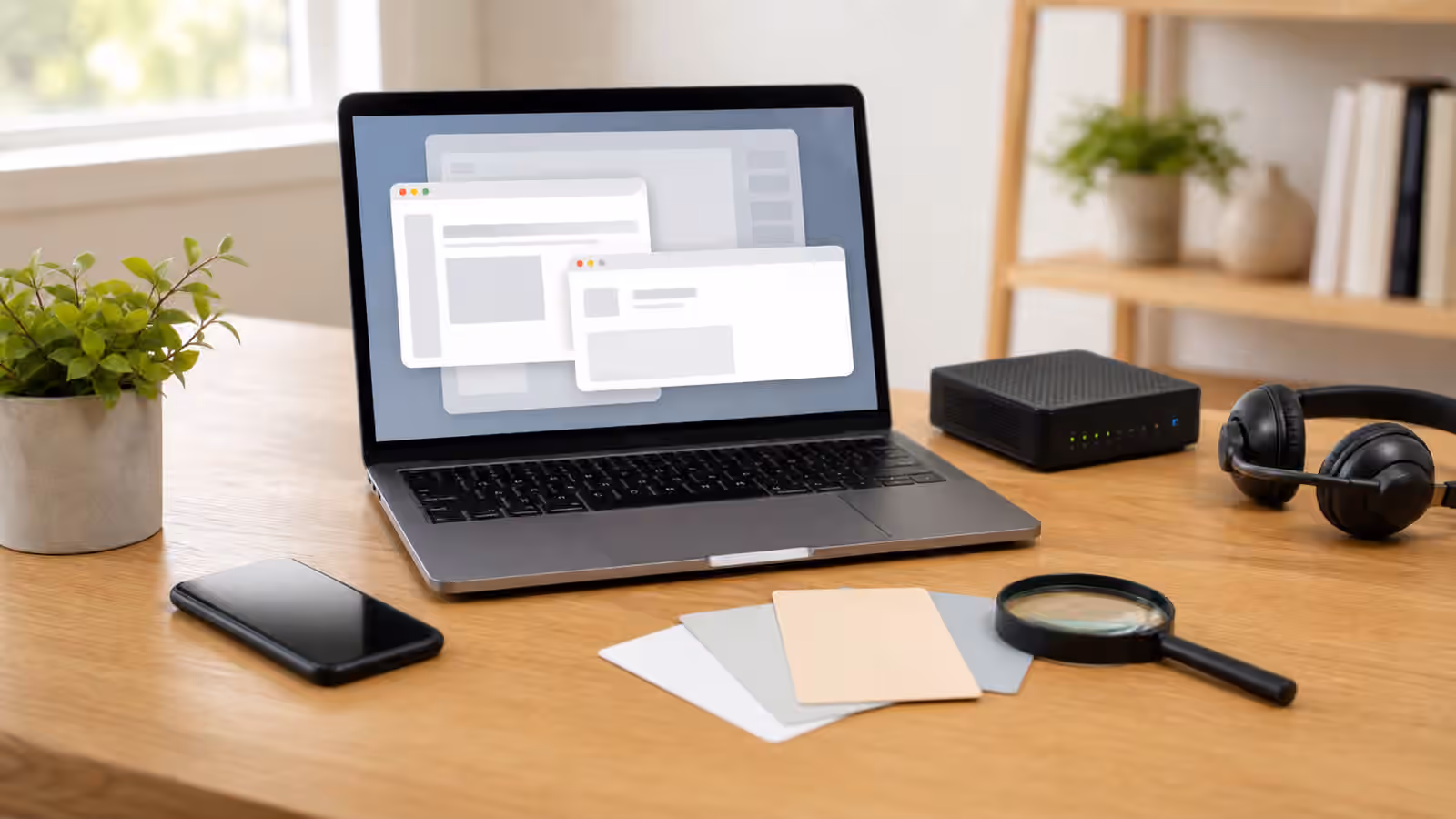 A calm desk with a laptop showing abstract browser cards, a phone, headset, network box, and magnifying glass for checking a support request.