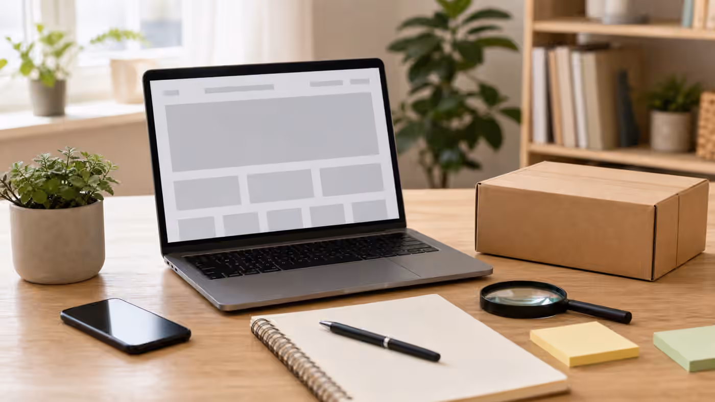 A laptop with a blank storefront layout, an unmarked shipping box, phone, notebook, sticky notes, and magnifying glass on a calm desk.
