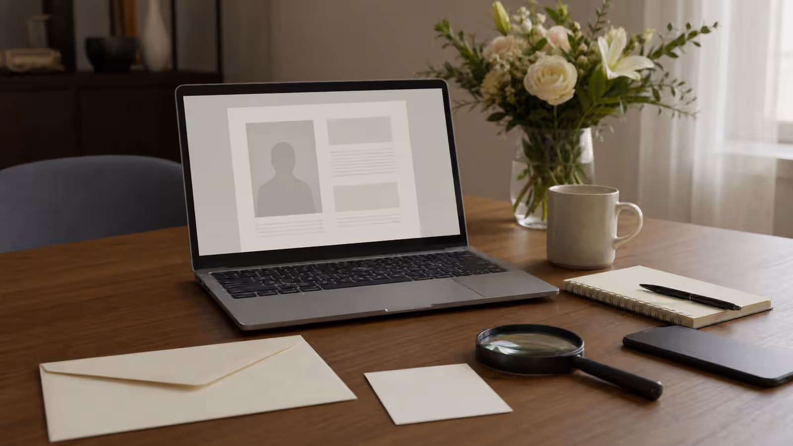 A respectful table scene with a laptop showing abstract memorial-page blocks, flowers, envelope, blank card, phone, notebook, and magnifying glass.
