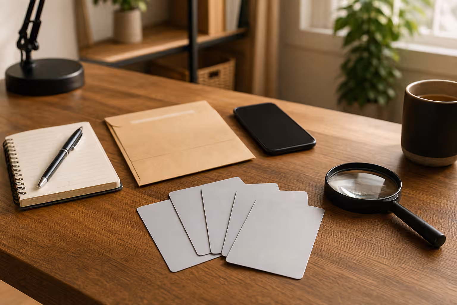 A gift-card verification desk with blank unbranded cards, receipt envelope, phone, notebook, pen, and magnifying glass.