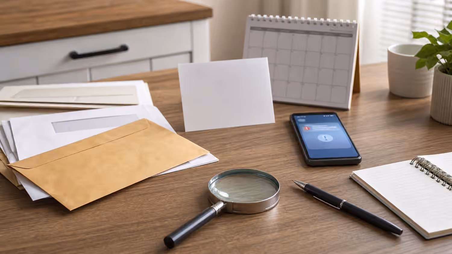 Official-looking blank envelopes, a phone alert, notice card, calendar, notebook, pen, and magnifying glass on a calm desk.