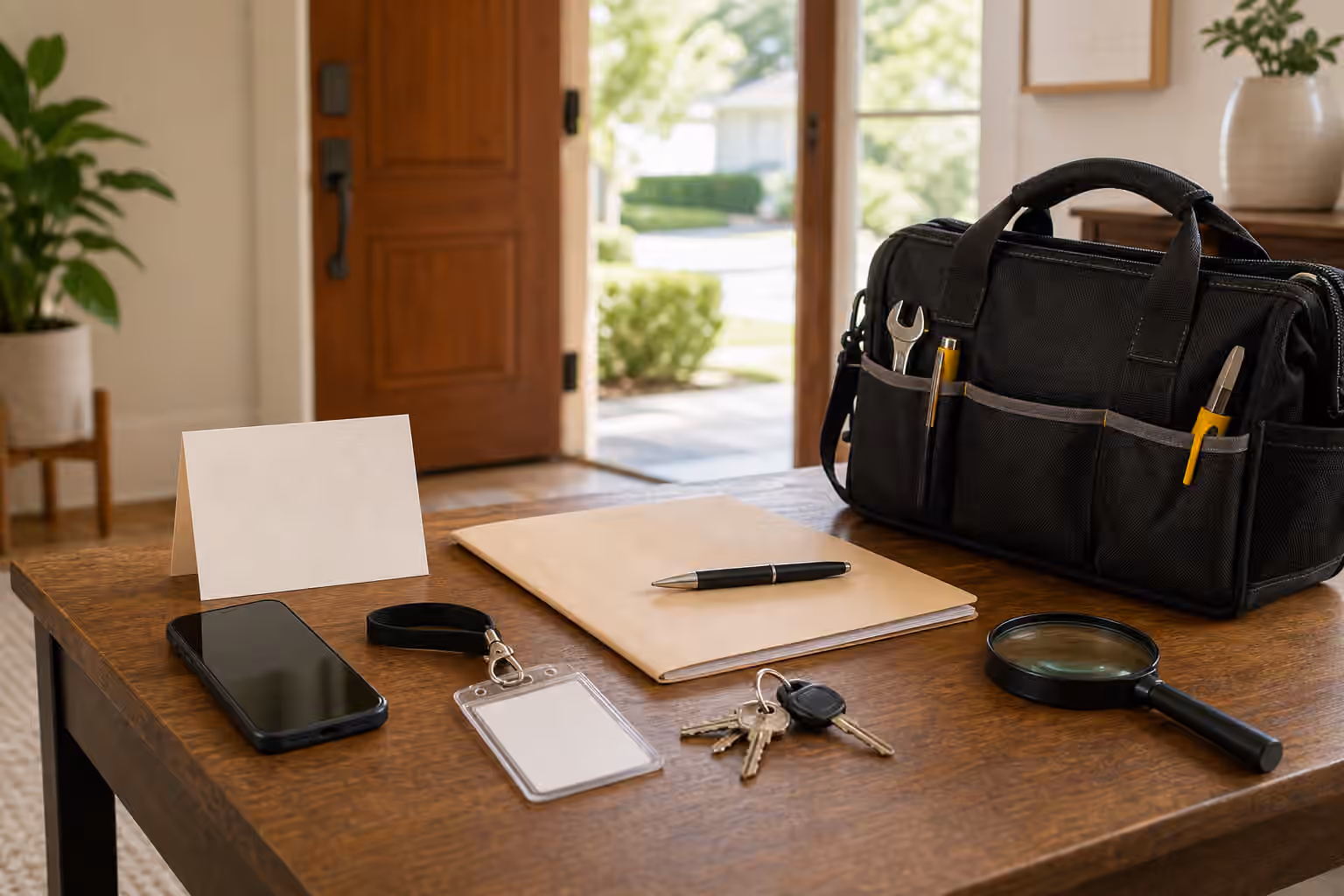 An entryway verification table with a blank appointment card, phone, visitor badge, tool bag, keys, folder, pen, and magnifying glass.