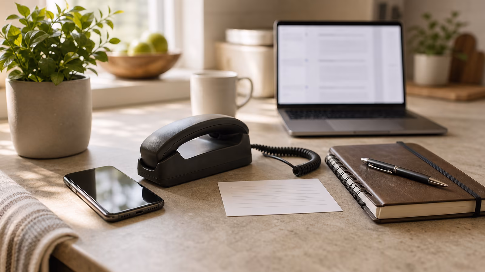 A phone beside an address card, notebook, laptop, and verification folder for a known-channel callback.