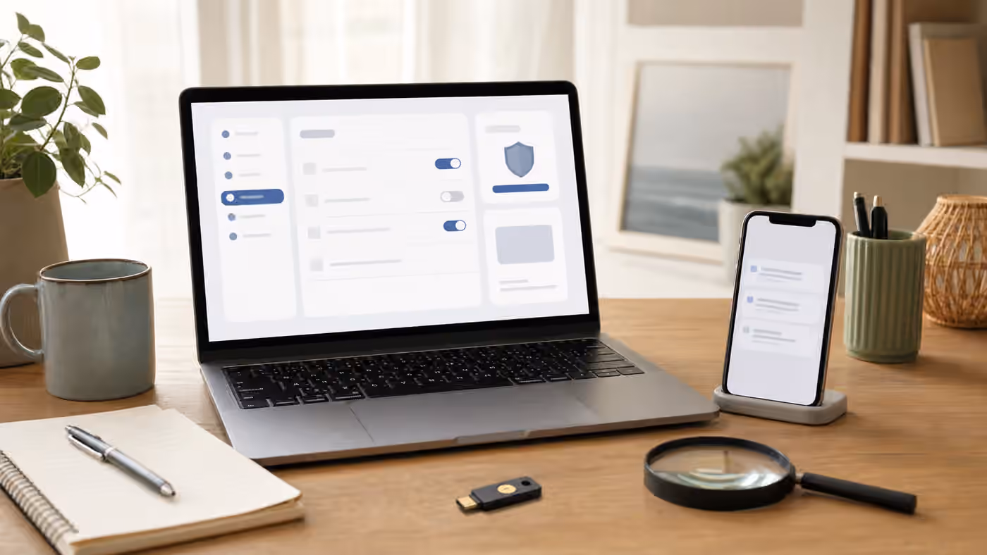 A laptop with blank security settings, a phone with generic notification blocks, a small security key, notebook, and magnifying glass.