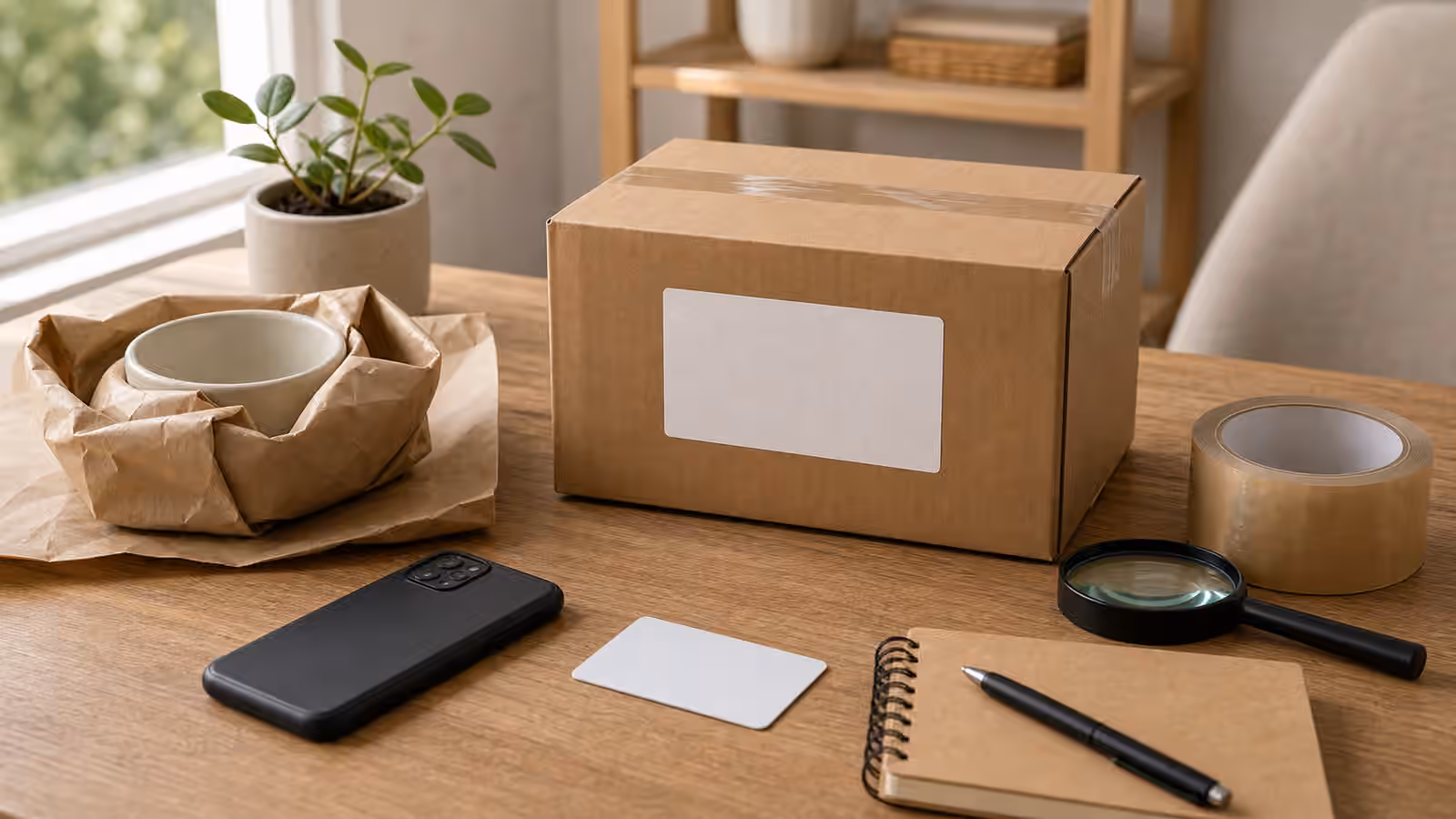 A boxed item, phone, blank payment card, notebook, tape, and magnifying glass on a calm selling desk.