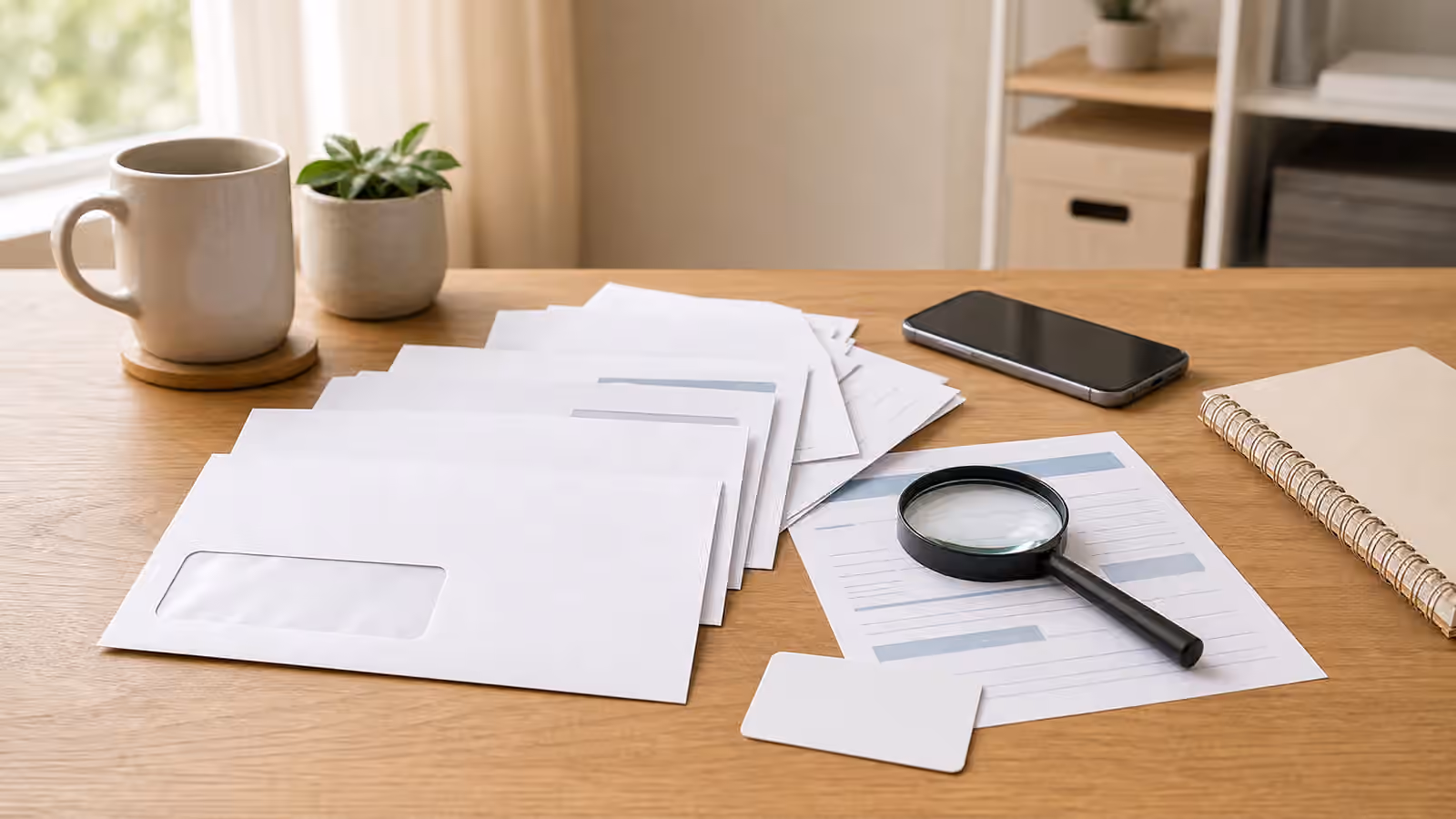 Blank envelopes, forms, phone, notebook, pen, card, and magnifying glass on a calm administrative desk.