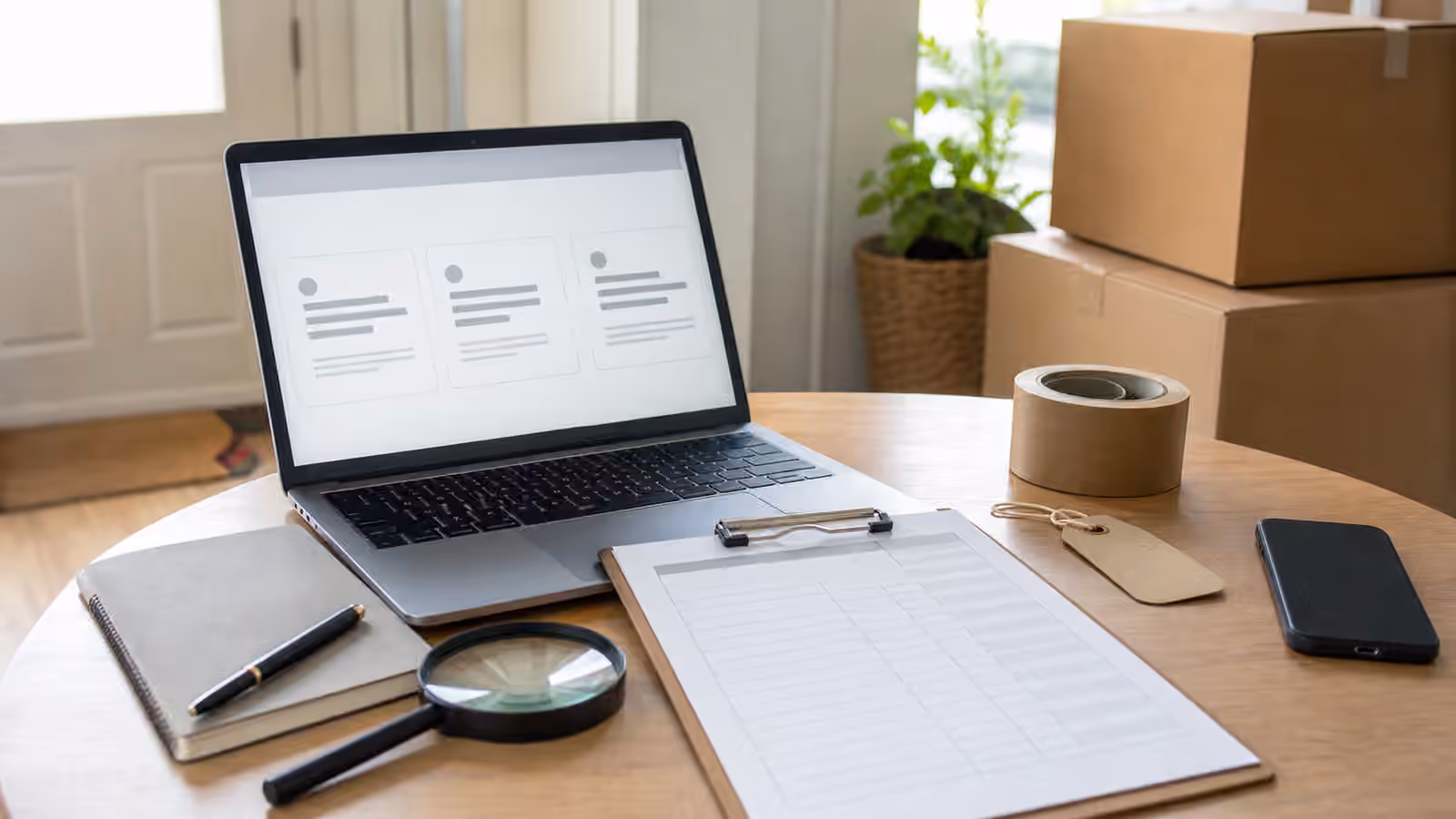 A calm desk near plain moving boxes with a laptop showing abstract quote cards, clipboard, packing tape, phone, and magnifying glass.