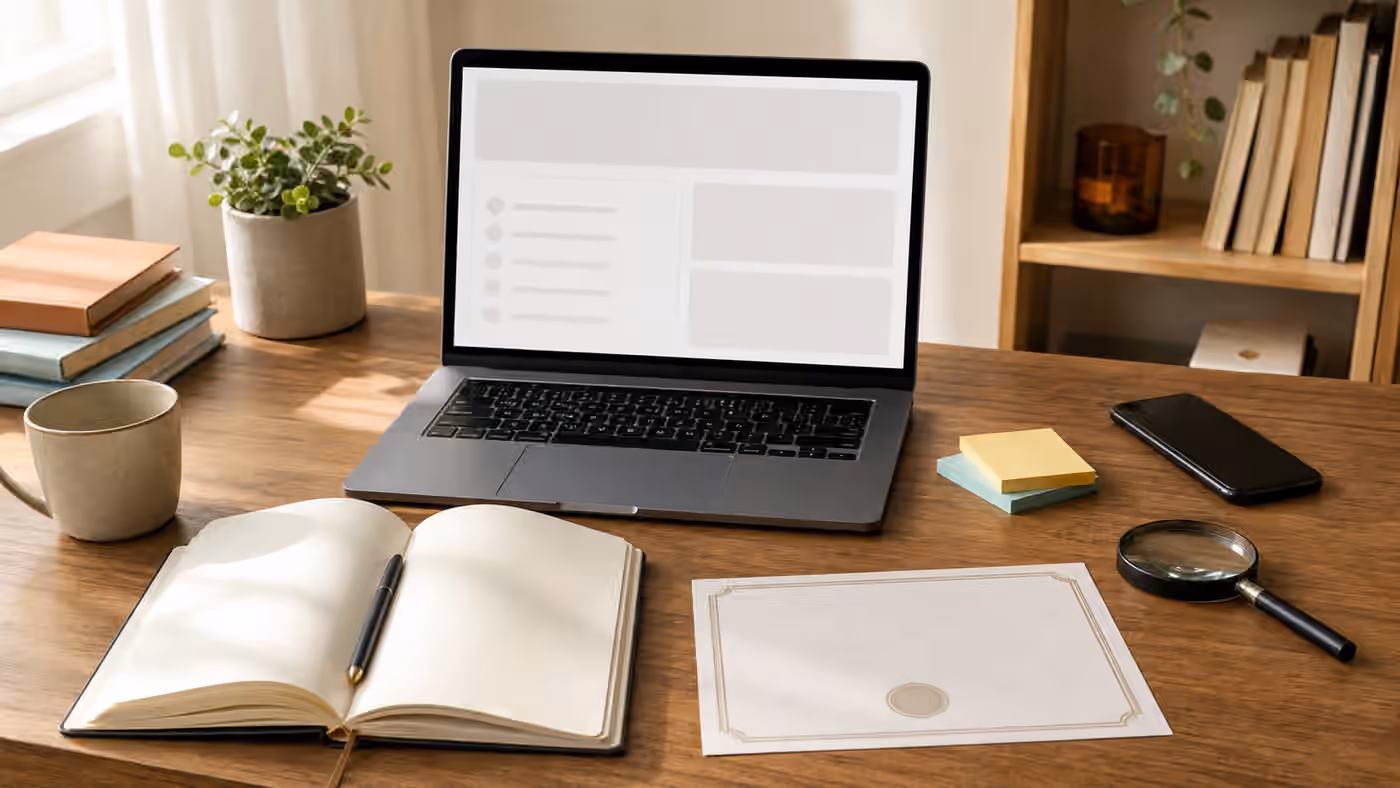 A laptop with a blank lesson dashboard, open notebook, plain certificate page, phone, sticky notes, pen, and magnifying glass on a study desk.