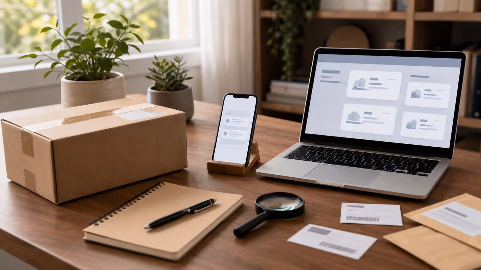 A calm desk with a parcel, phone, laptop, notebook, shipping labels, and magnifying glass for delivery notice checks.
