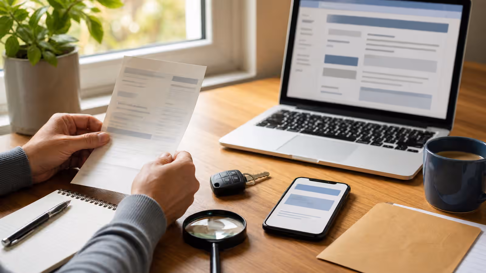 A calm desk with a generic citation, phone notice, laptop portal, car key, envelope, notebook, and magnifying glass.