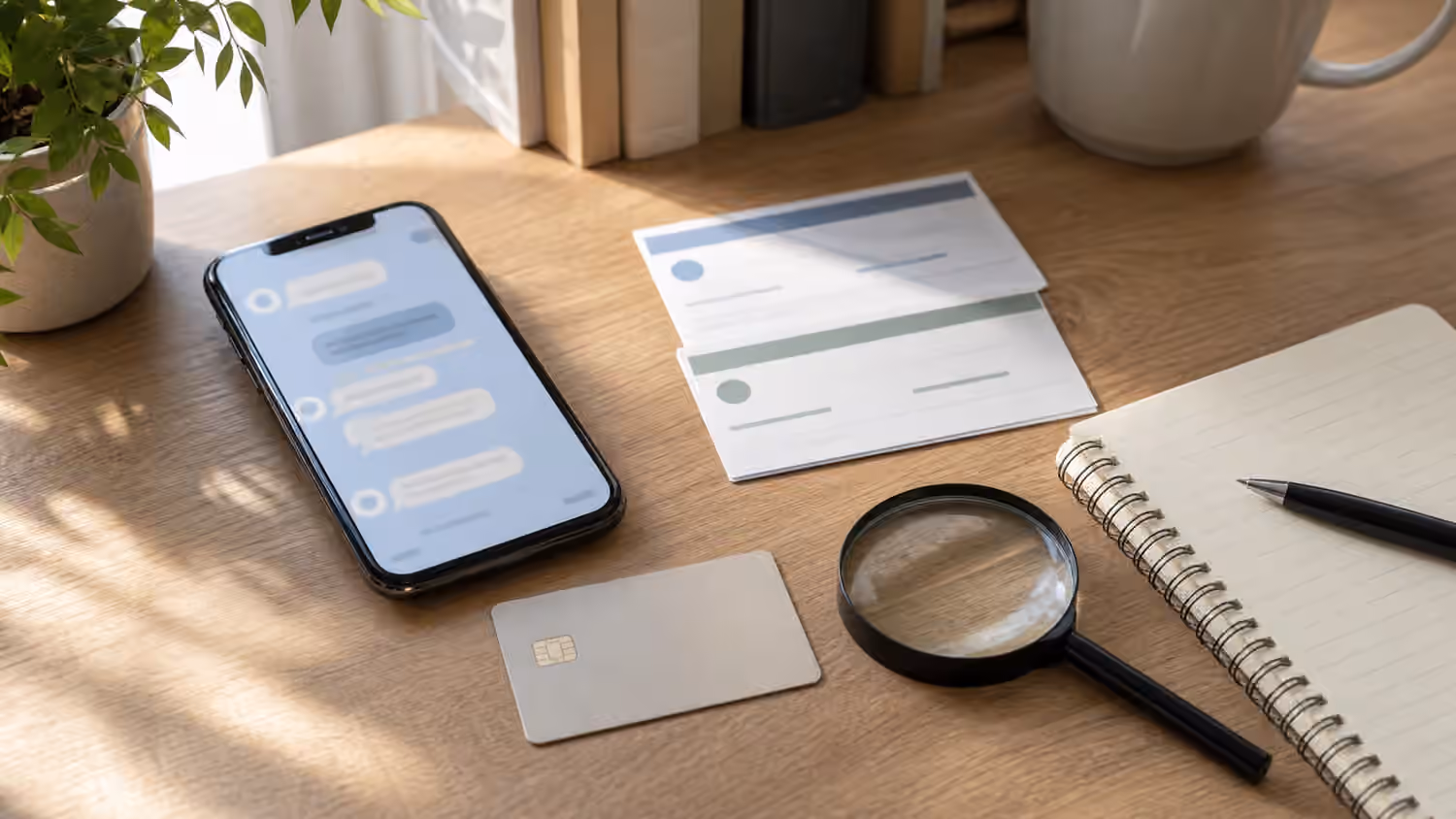 A phone with blank payment bubbles, bank card shape, transfer cards, notebook, pen, and magnifying glass on a calm desk.