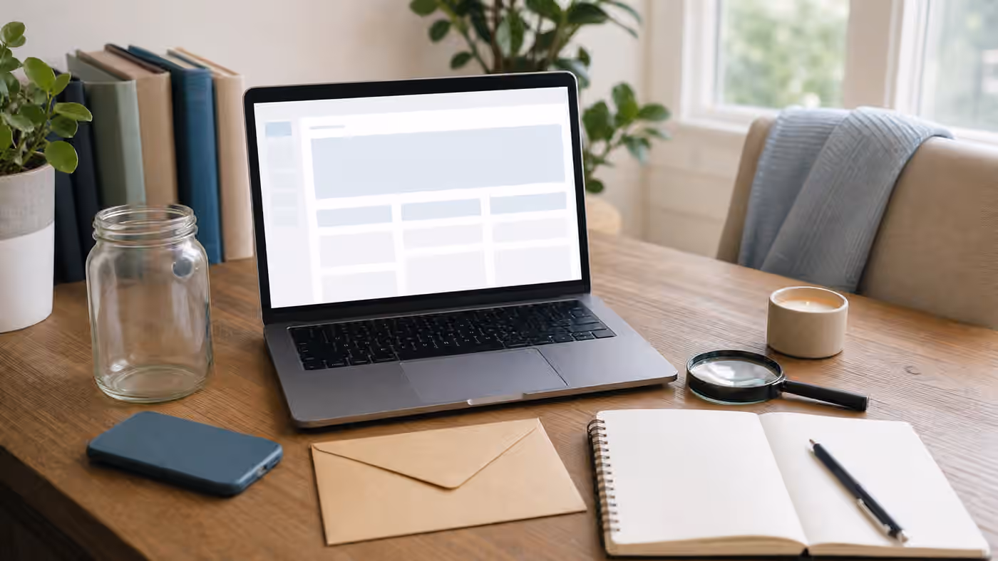A laptop with a blank fundraiser page, phone, plain donation jar, envelope, notebook, unlit candle, and magnifying glass on a calm desk.