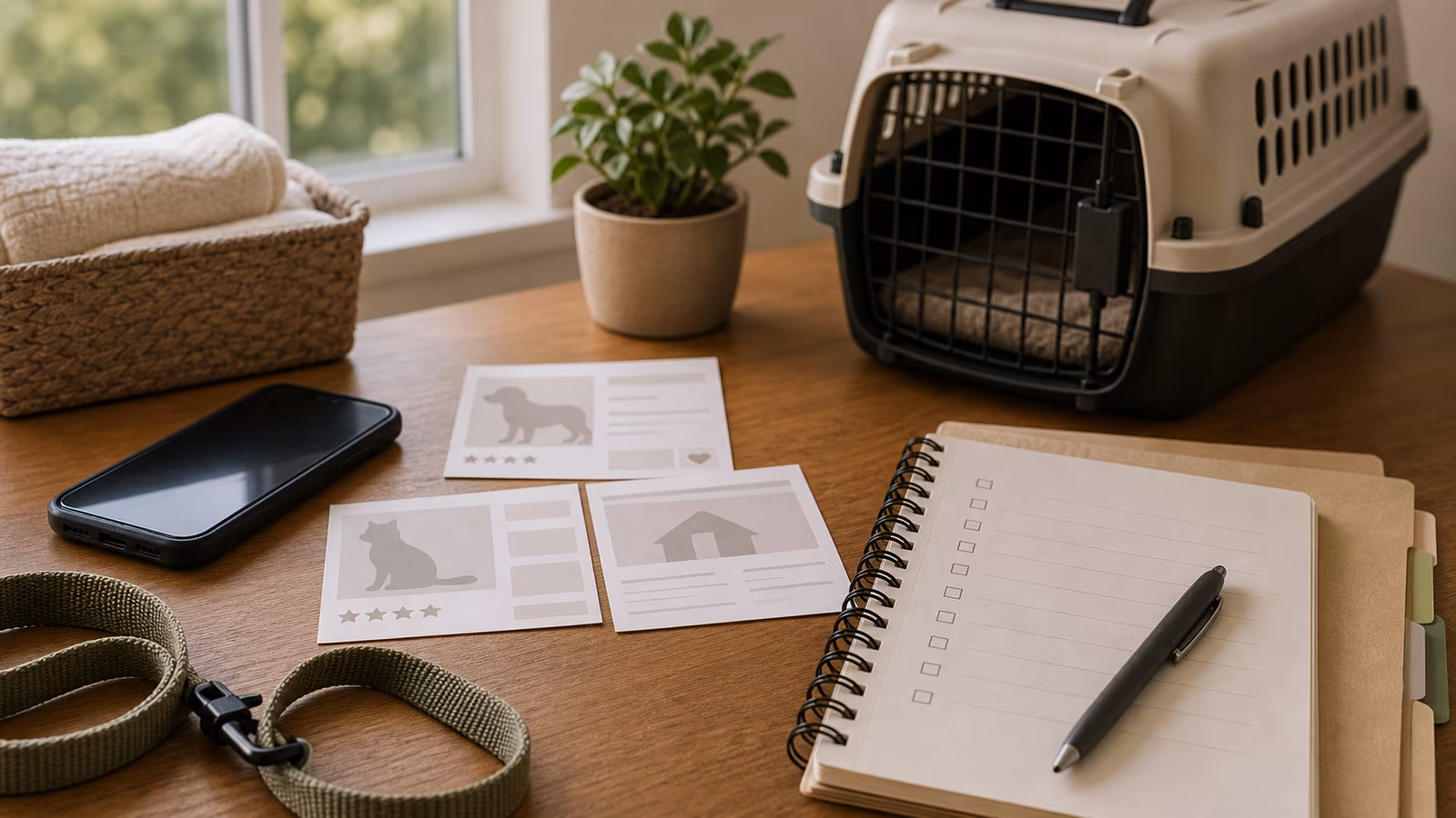 A gentle home desk with a pet carrier silhouette, blank rescue listing cards, phone, and verification notebook.