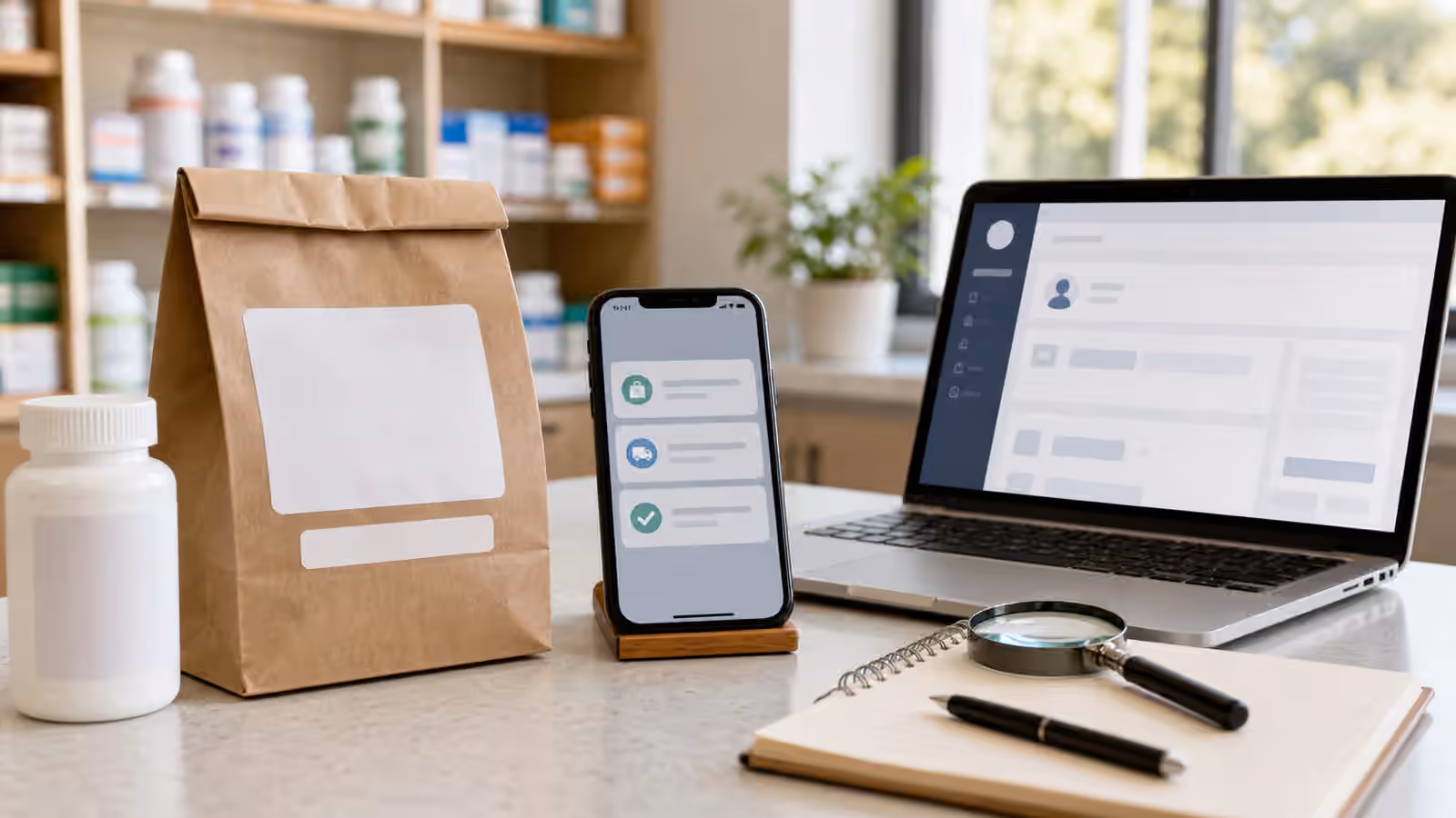 A calm counter with a generic medicine bottle, pharmacy bag, phone, laptop, notebook, and magnifying glass.