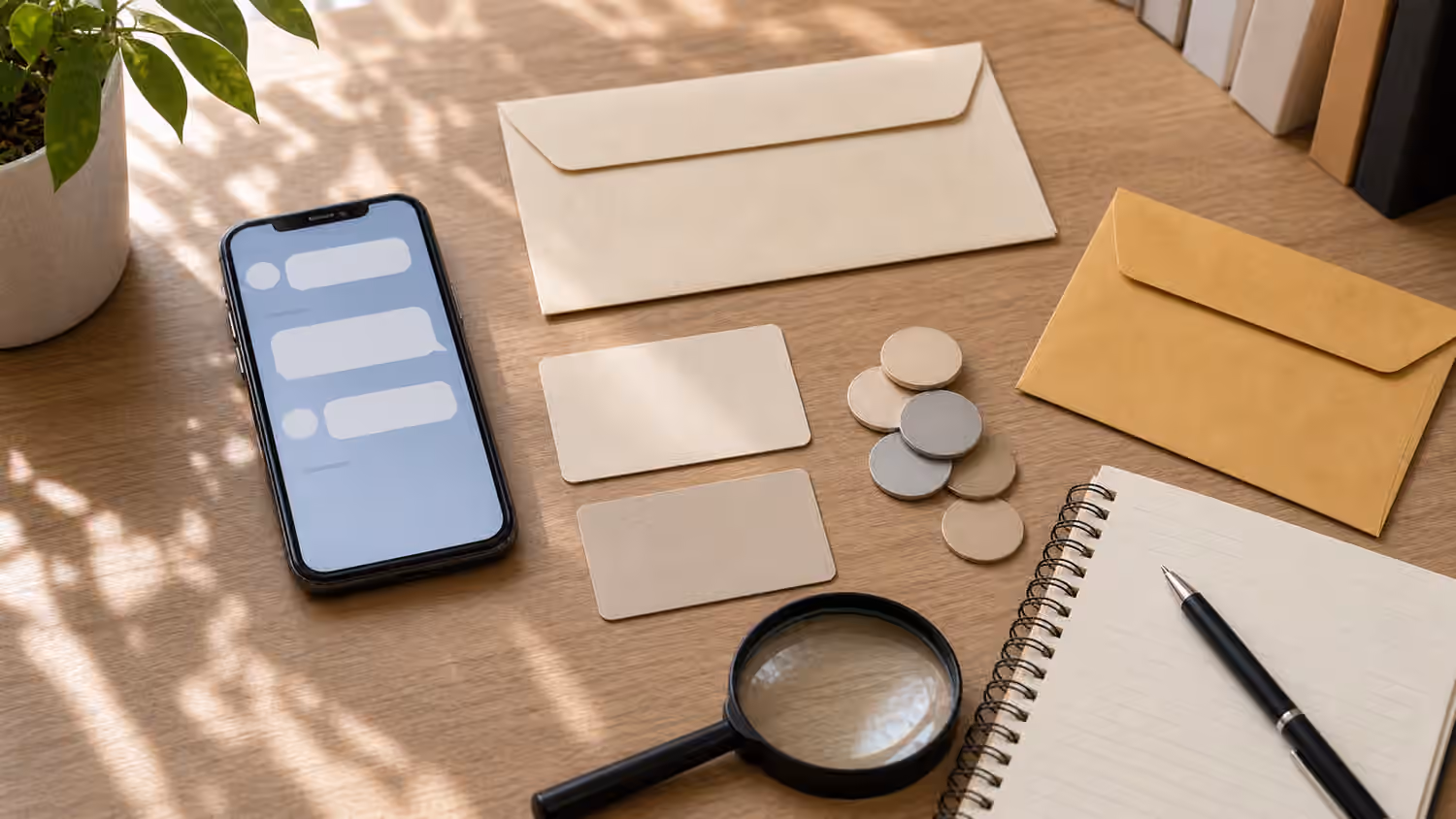 A phone with blank message bubbles, plain envelopes, blank cards, tokens, notebook, pen, and magnifying glass on a calm desk.