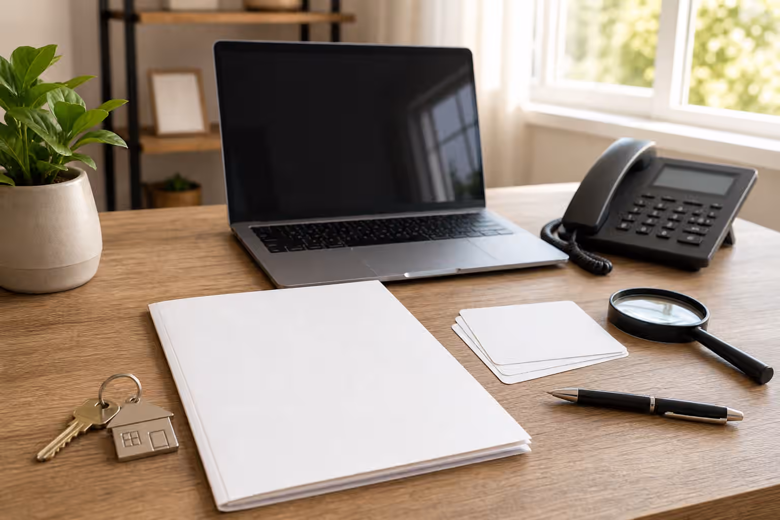 A real estate verification desk with house keys, blank closing folder, phone, laptop, wire-instruction cards, pen, and magnifying glass.