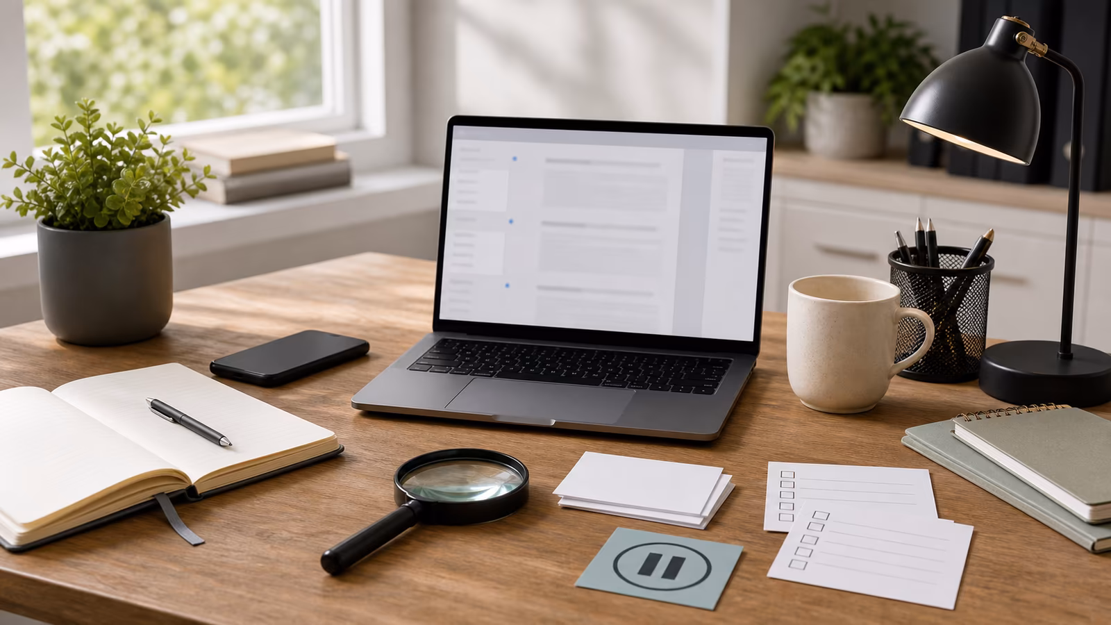 A calm verification desk with a notebook, phone, laptop, magnifying glass, and blank checklist cards for a first reality check.