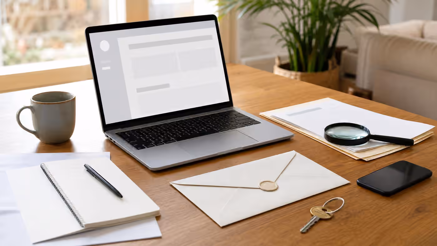 A laptop with a blank tenant portal, envelope, house keys, phone, notebook, and magnifying glass on a calm apartment desk.