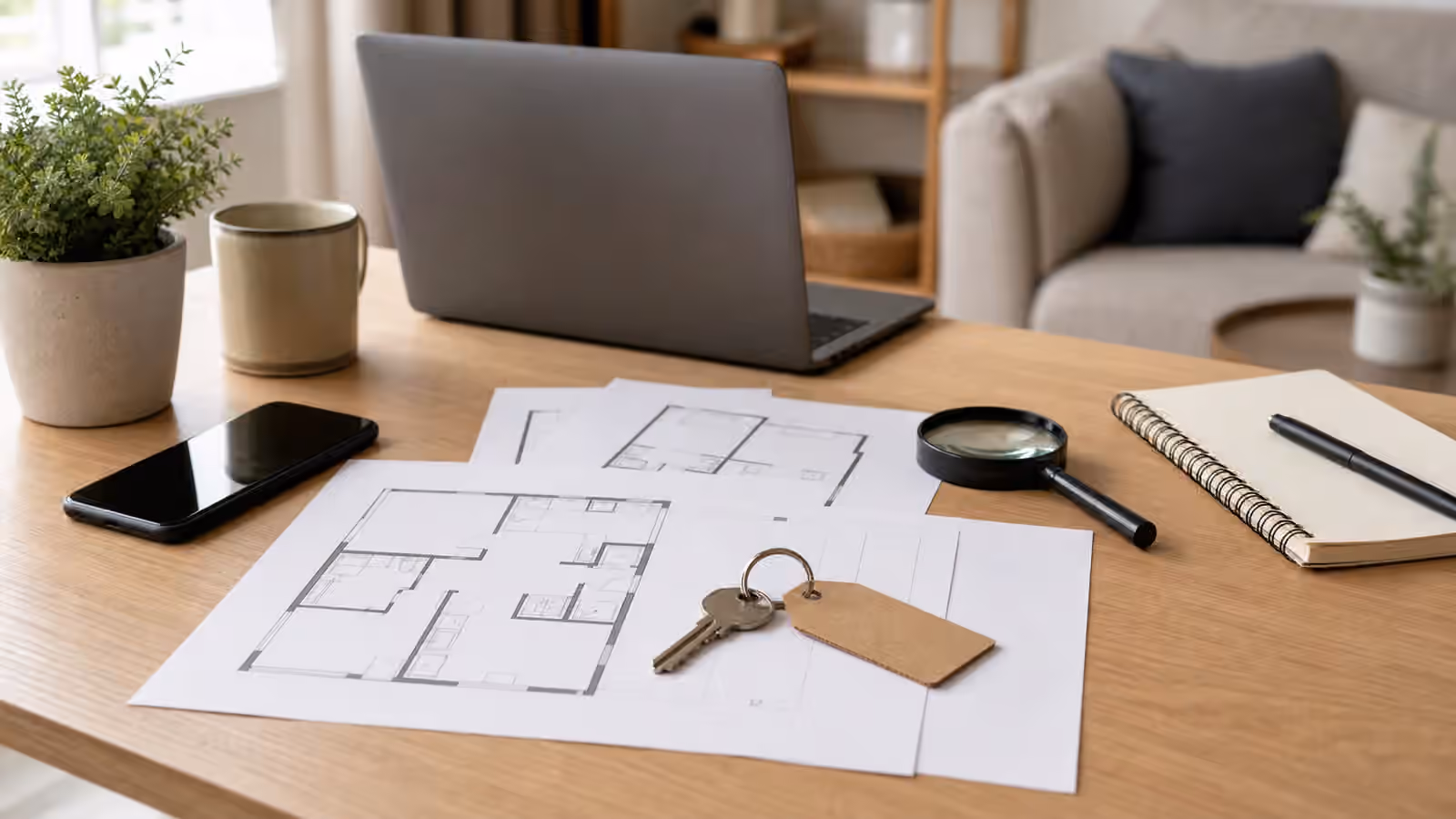 Apartment floor plans, keys, phone, notebook, and magnifying glass on a calm rental search desk.