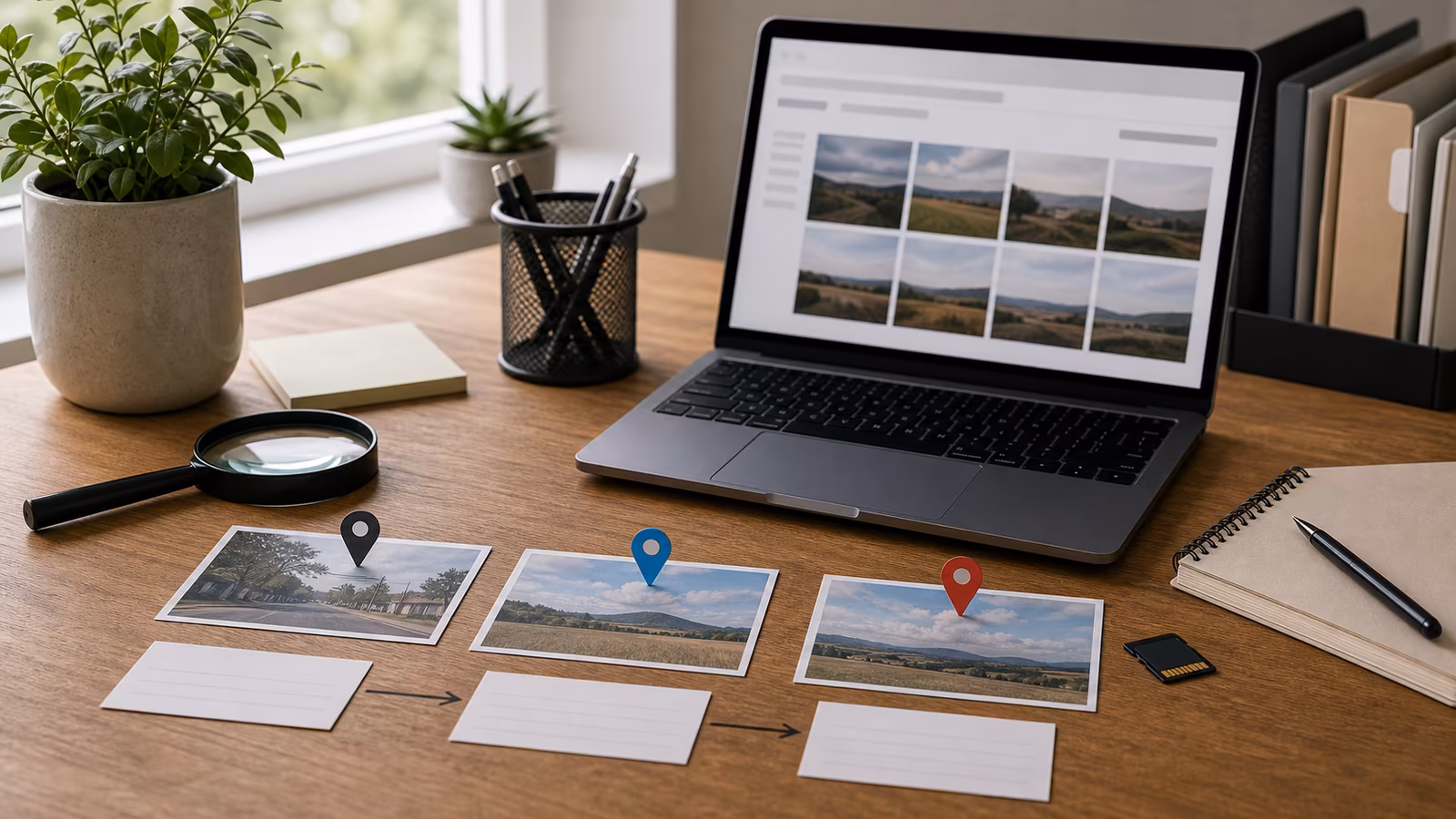 Photo cards arranged in a timeline with map pins, a magnifying glass, and a laptop showing an abstract image grid.