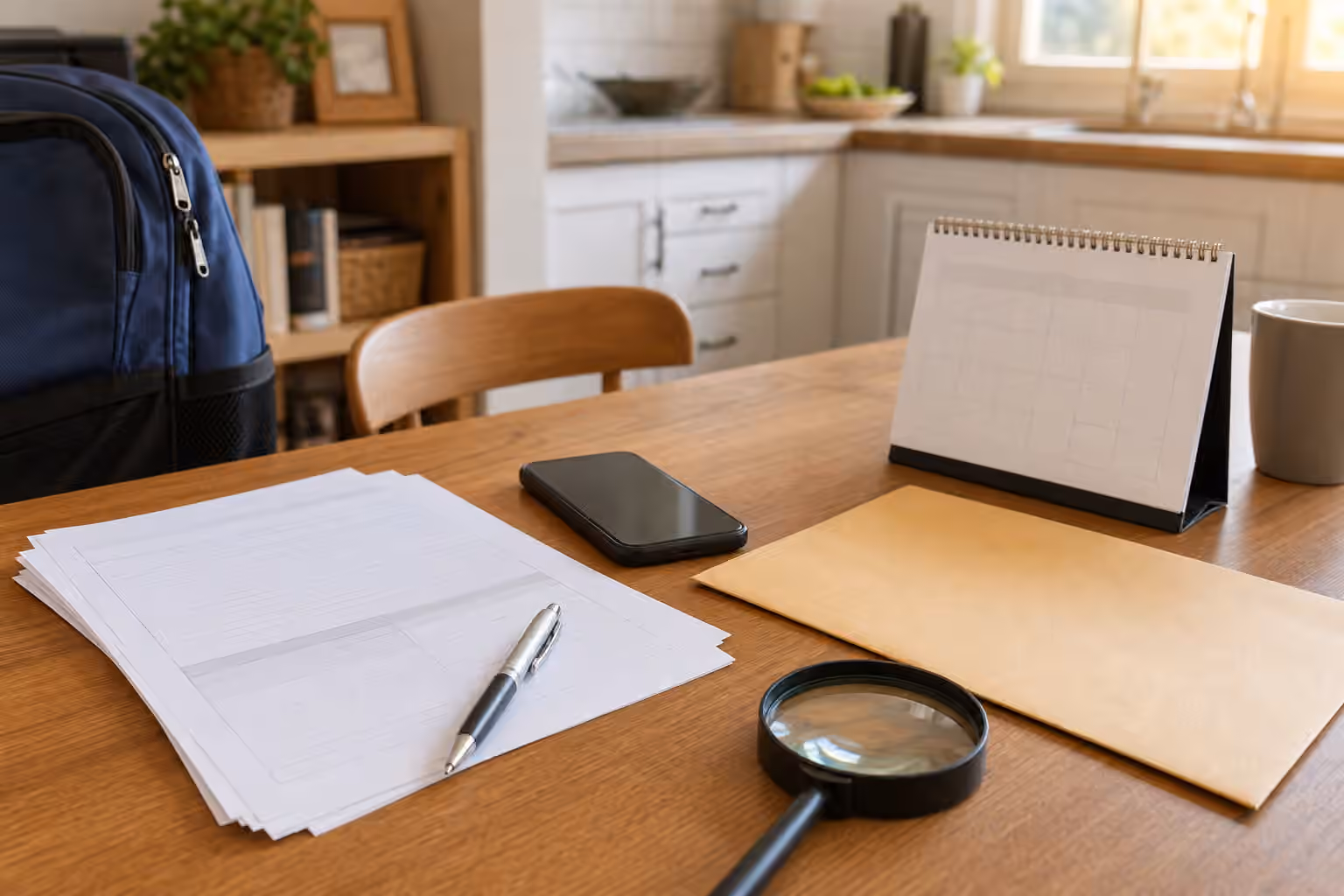 A family admin table with a backpack, blank school papers, phone, envelope, calendar, pen, and magnifying glass.