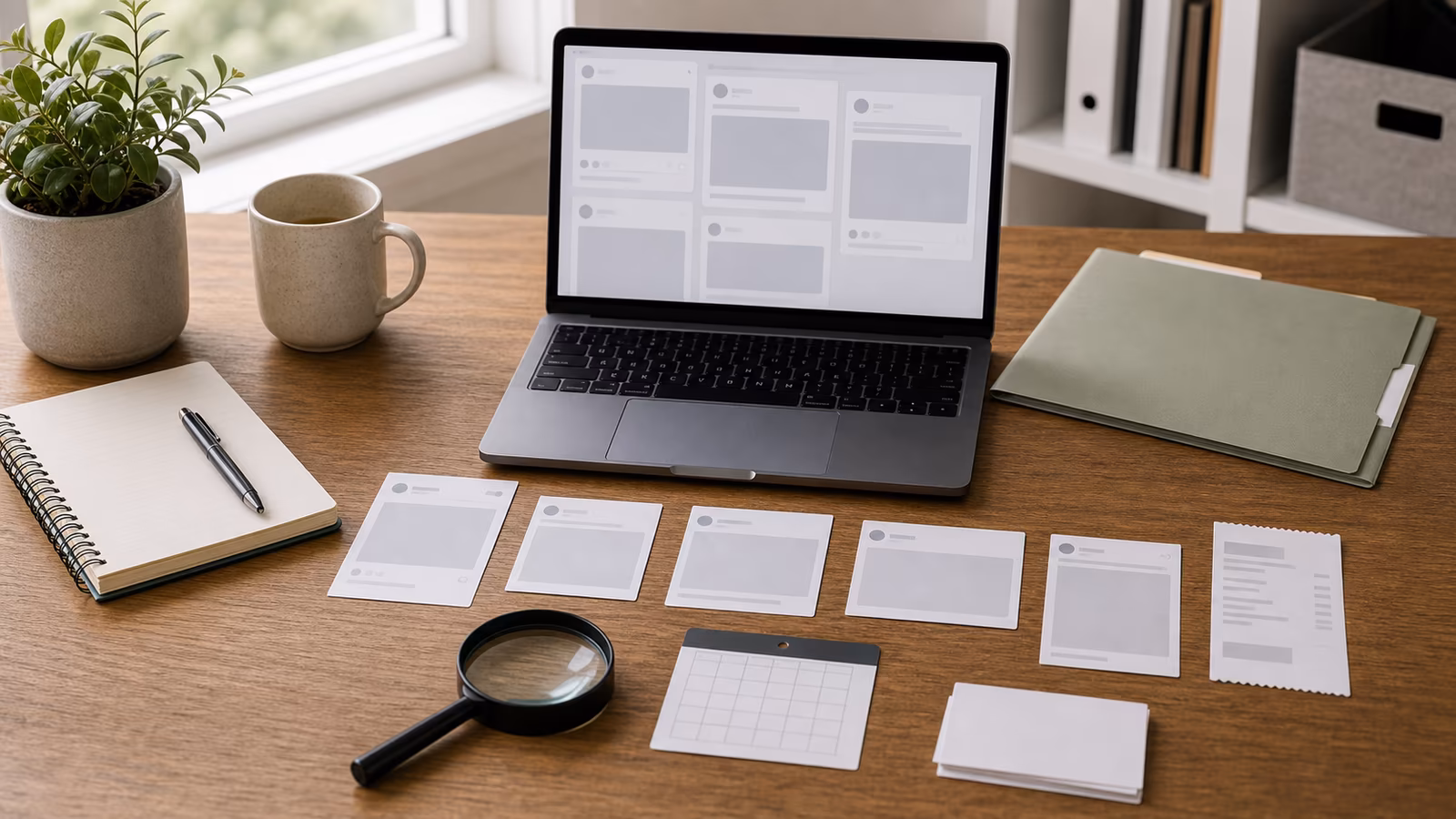 Cropped blank social cards, a calendar card, laptop, magnifying glass, and source-check folder for screenshot verification.