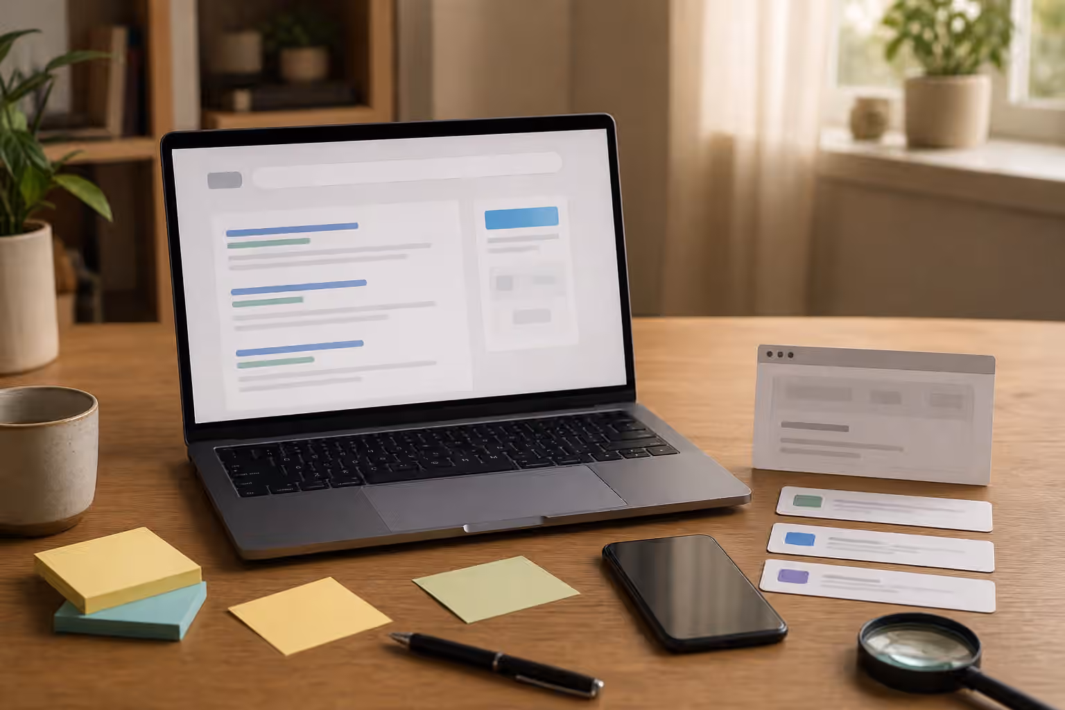 A search verification desk with a laptop showing abstract result cards, blank browser cards, phone, sticky notes, pen, and magnifying glass.