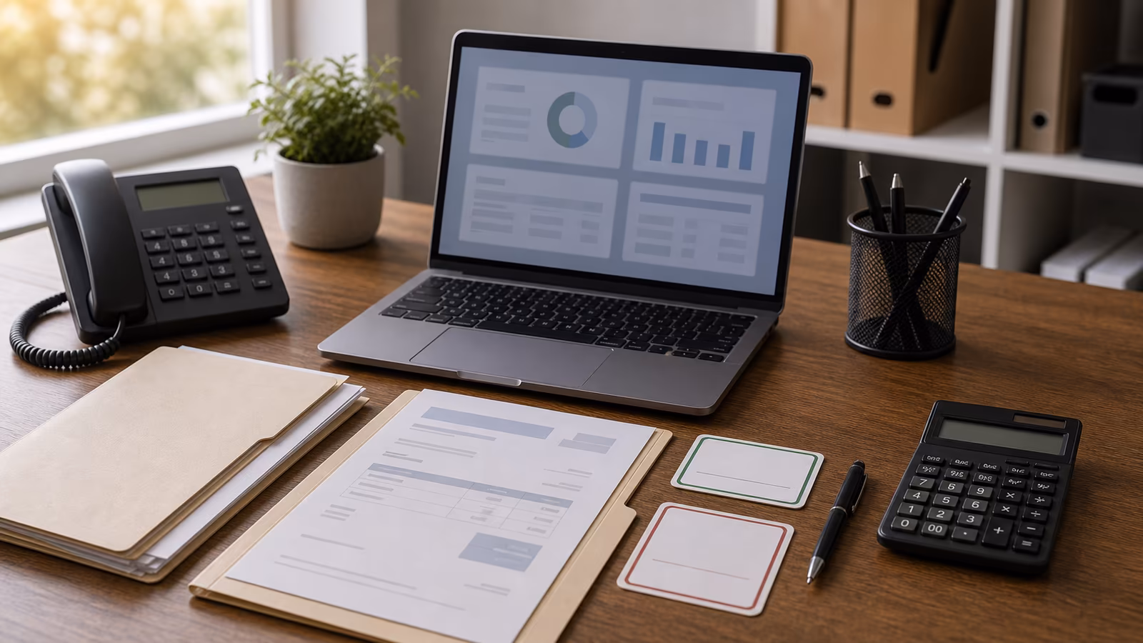 Invoice folders, bank-detail change cards, a two-person approval checklist, and callback phone on an office desk.