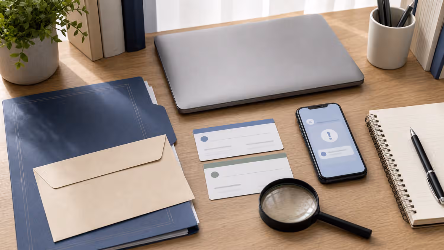 A school folder, blank envelope, phone alert, abstract cards, closed laptop, notebook, pen, and magnifying glass on a study desk.