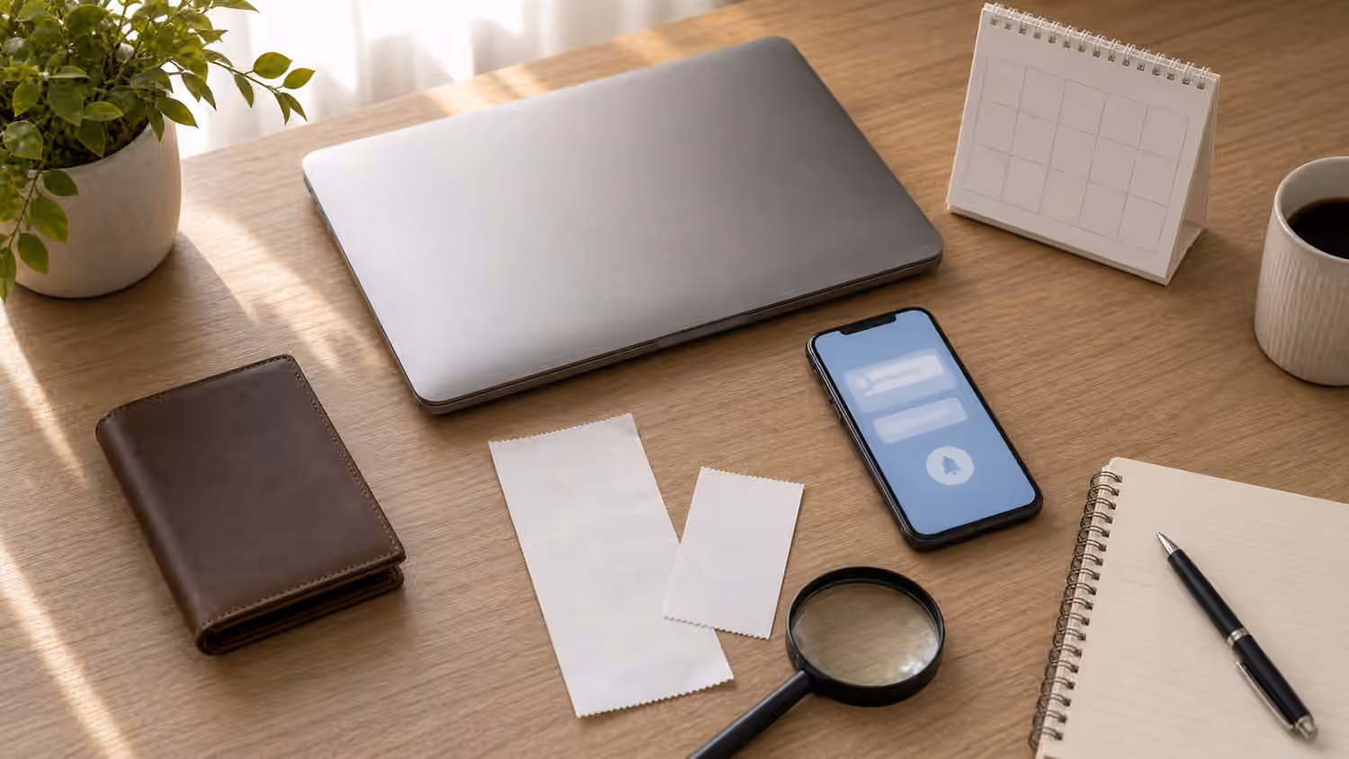 A closed laptop, wallet, blank receipt slips, phone notification, blank calendar, notebook, pen, and magnifying glass on a calm desk.