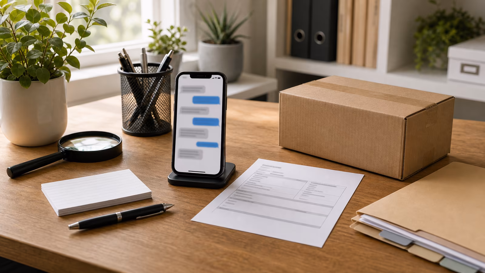 A phone with abstract message bubbles beside a magnifying glass, checklist cards, and an evidence folder.