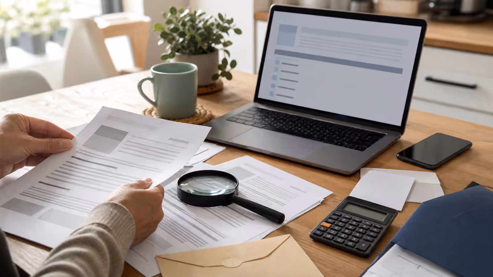 A calm desk with blank official-looking forms, a laptop with abstract portal panels, calculator, phone, folder, and magnifying glass.