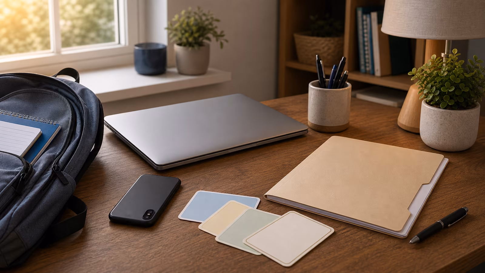A supportive family desk scene with a closed laptop, school backpack, evidence folder, and phone face down.