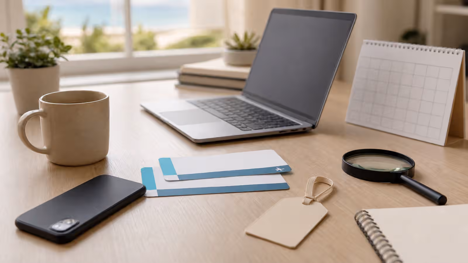 Blank travel cards, phone, laptop, calendar, luggage tag, and magnifying glass on a calm planning desk.