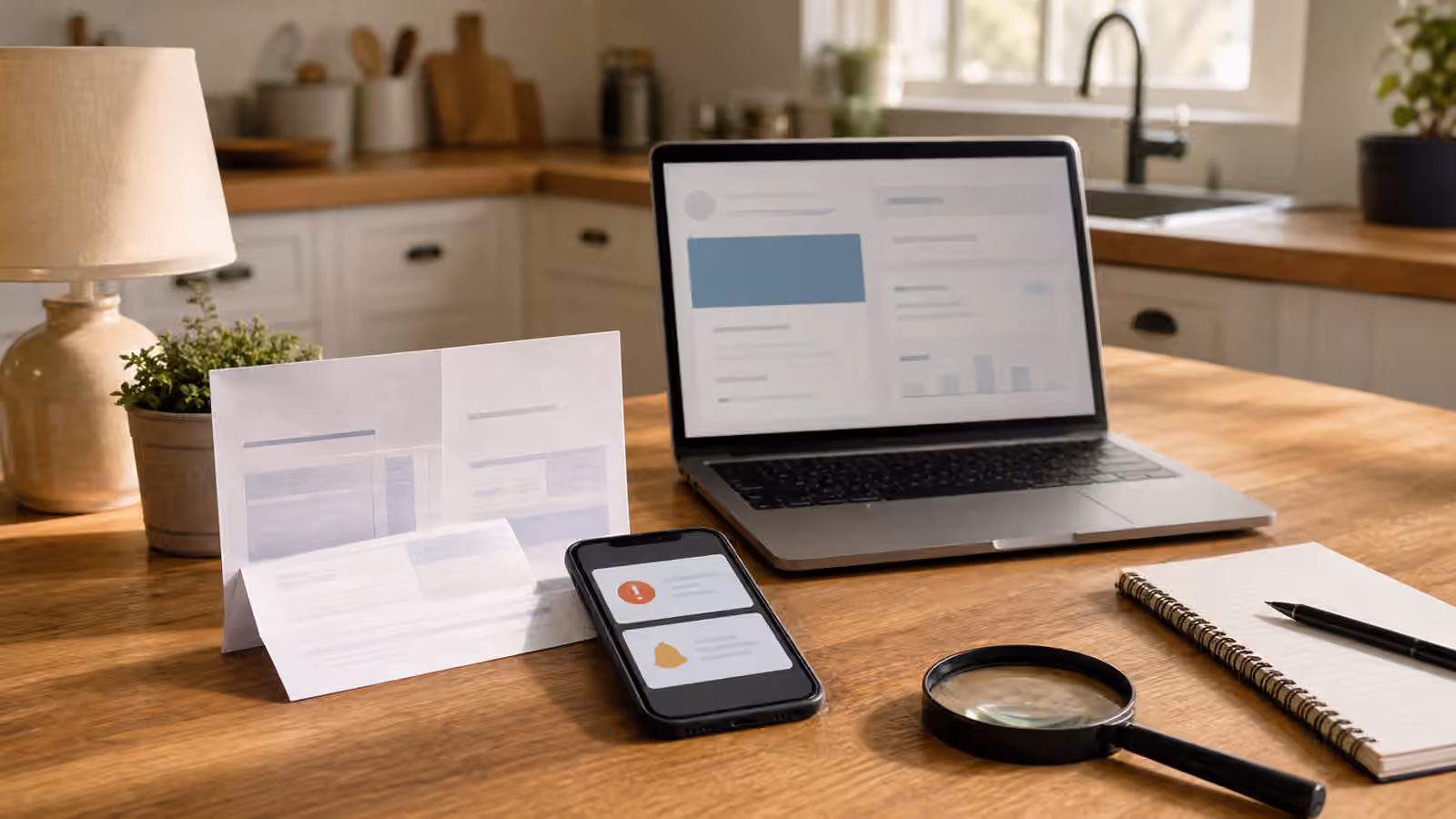 A calm counter with a generic utility bill, phone, laptop, lamp, power cord, notebook, and magnifying glass.