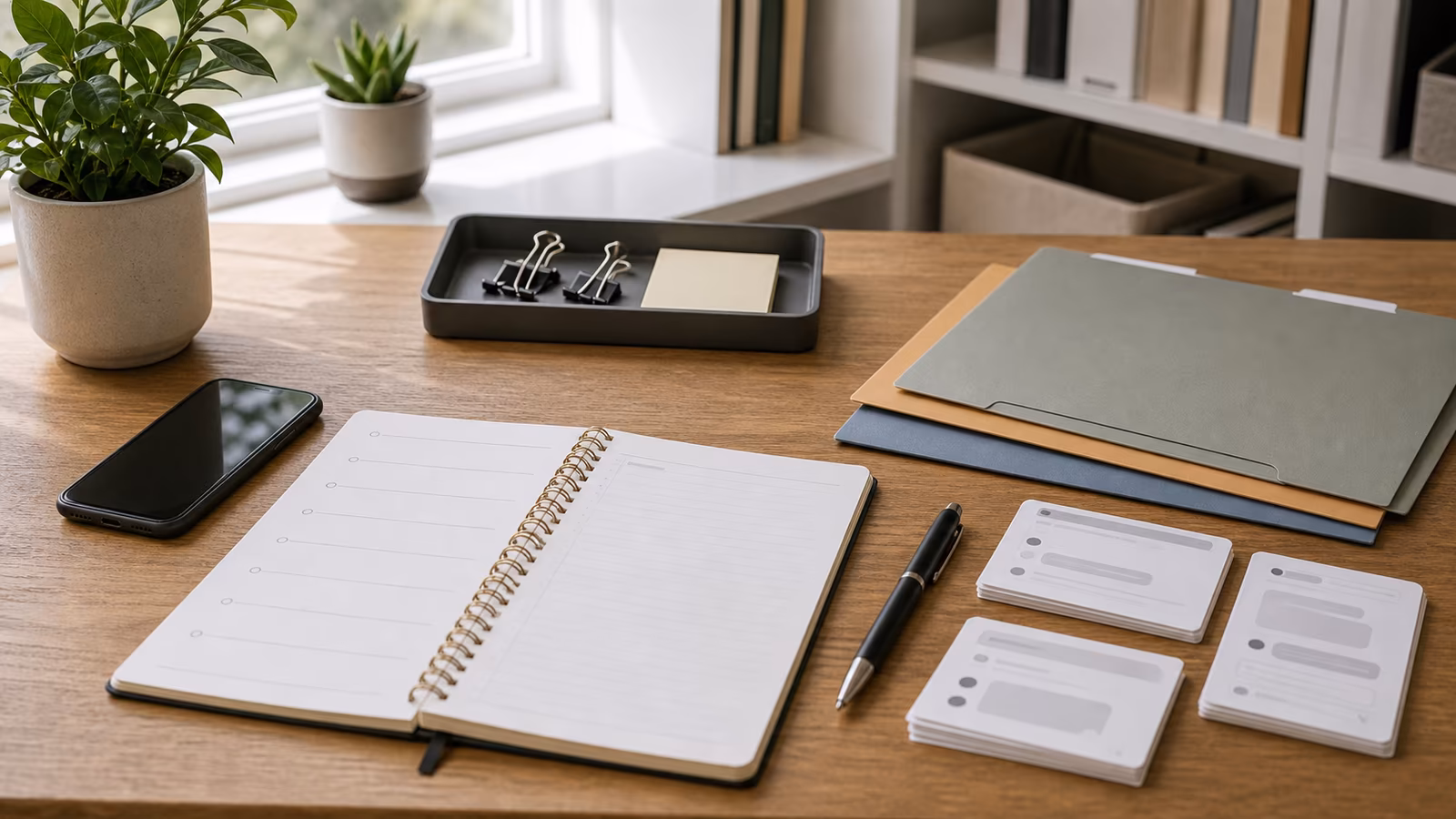 A notebook timeline, abstract screenshot cards, folders, and a pen arranged as a calm evidence note setup.