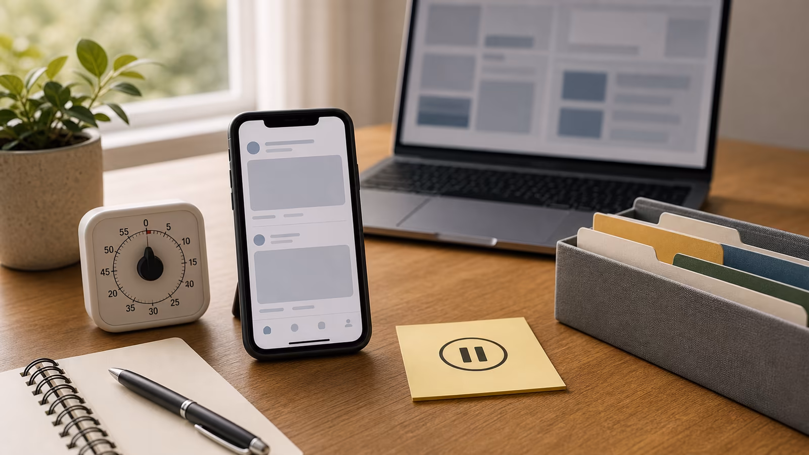 A phone with abstract social cards, a pause timer, a source folder, and a calm desk lamp for checking viral claims.