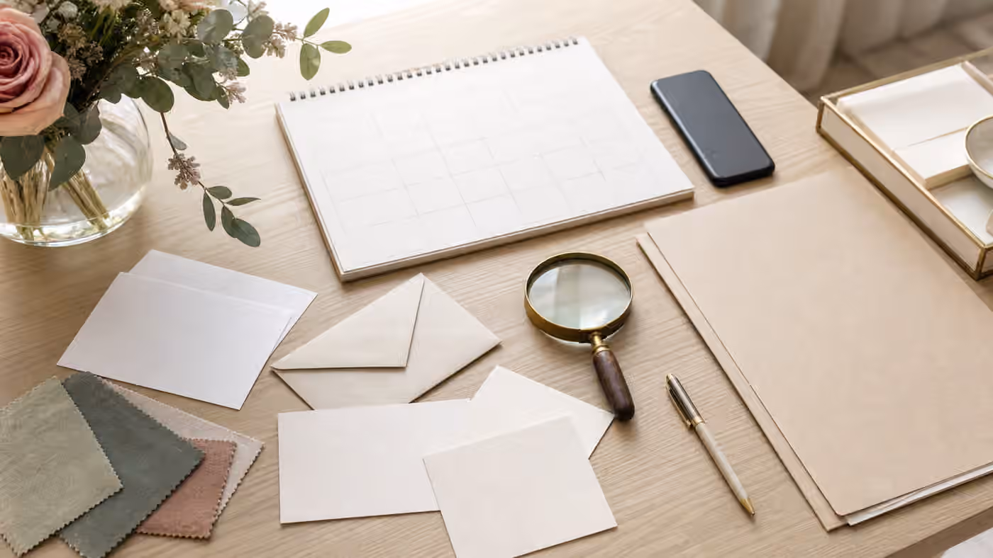 A calm event planning desk with blank mood board cards, fabric swatches, envelope, phone, folder, pen, and magnifying glass.
