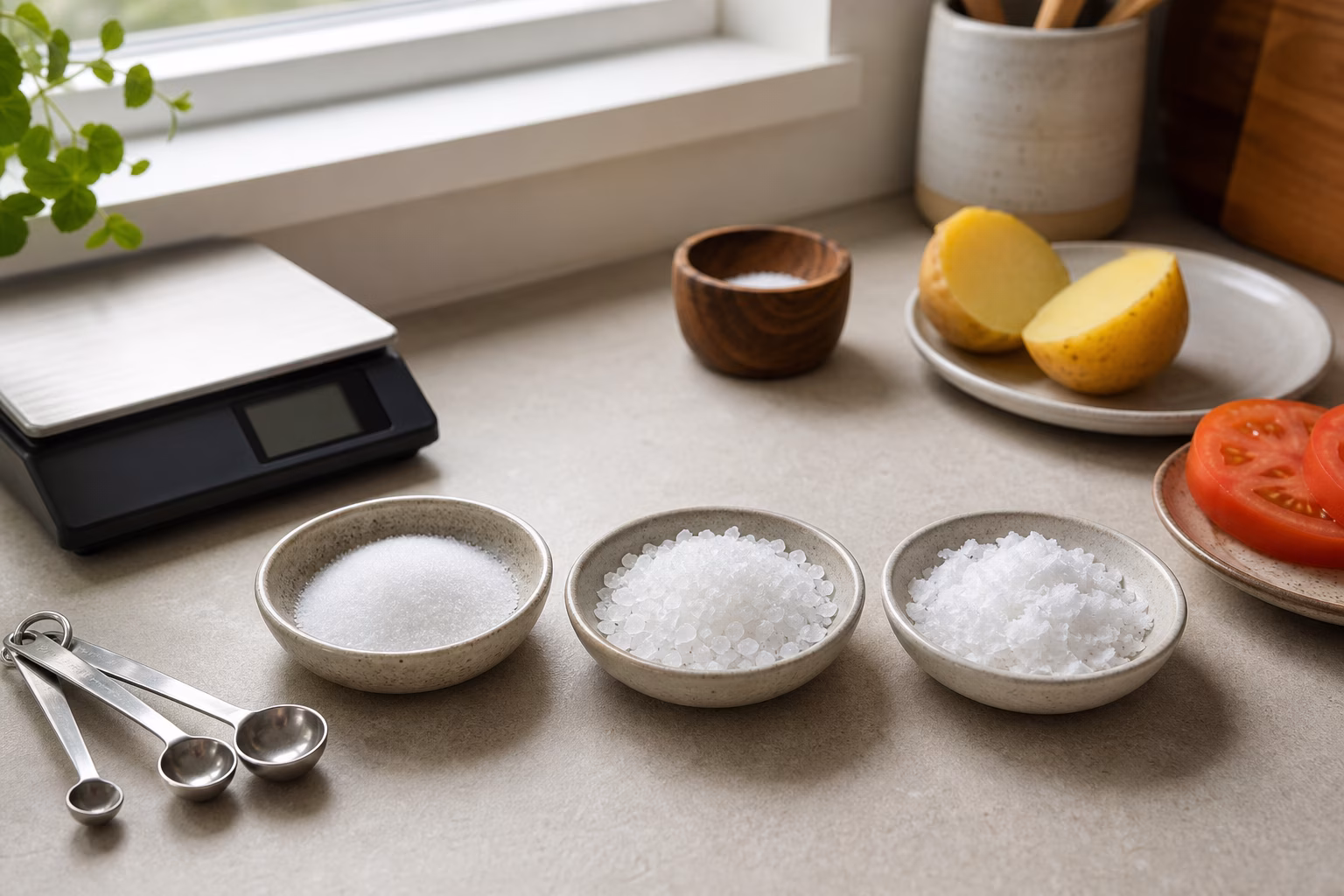 Three dishes of fine salt, coarse crystals, and flaky salt beside measuring spoons and a kitchen scale