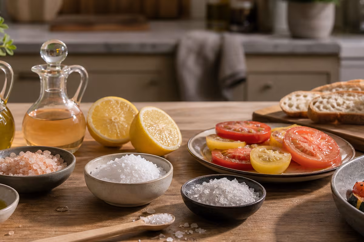 A kitchen counter with bowls of salt, olive oil, butter, lemons, vinegar, sliced tomatoes, roasted vegetables, bread, and tasting spoons.