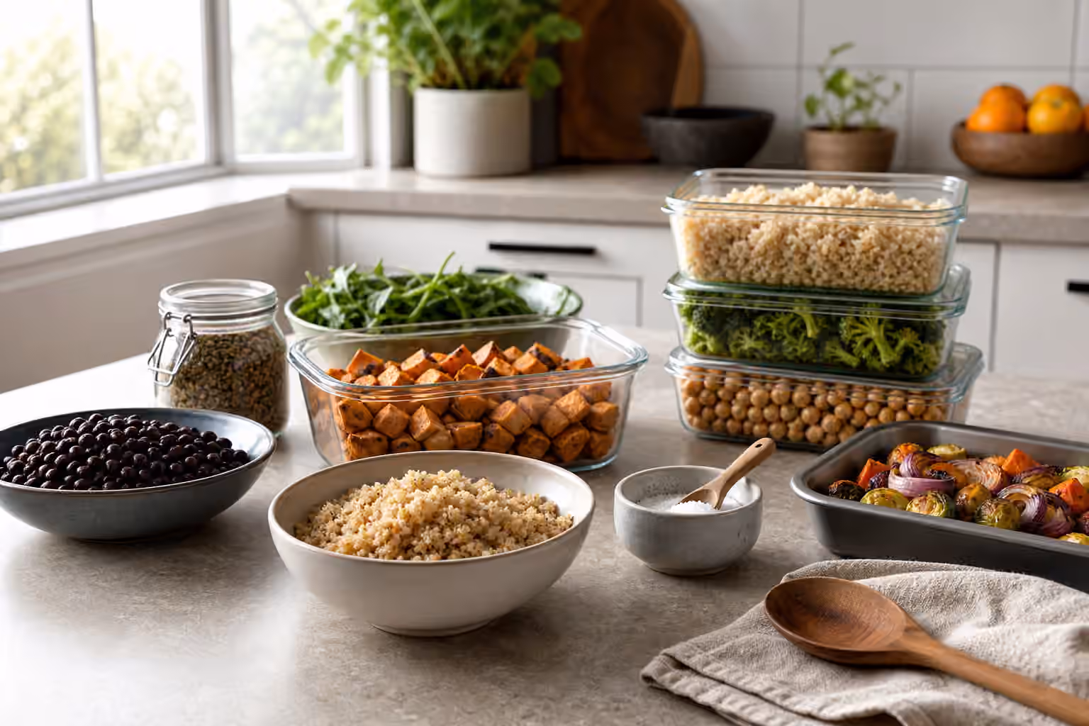 A batch-cooking counter with cooked grains, beans, roasted vegetables, storage containers, and a salt cellar.