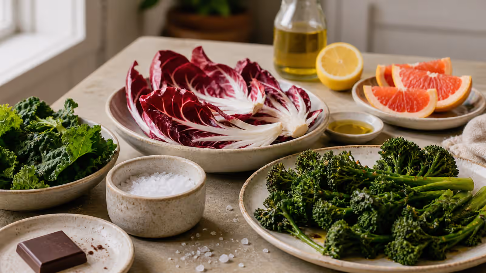 Radicchio, bitter greens, broccolini, grapefruit, dark chocolate, olive oil, lemon, and a salt cellar.